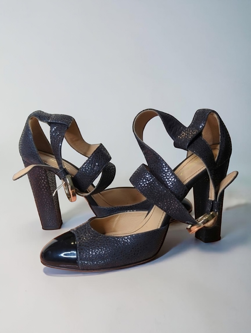 Marella Cap Toe Black Leather Block Heels Size 40/10